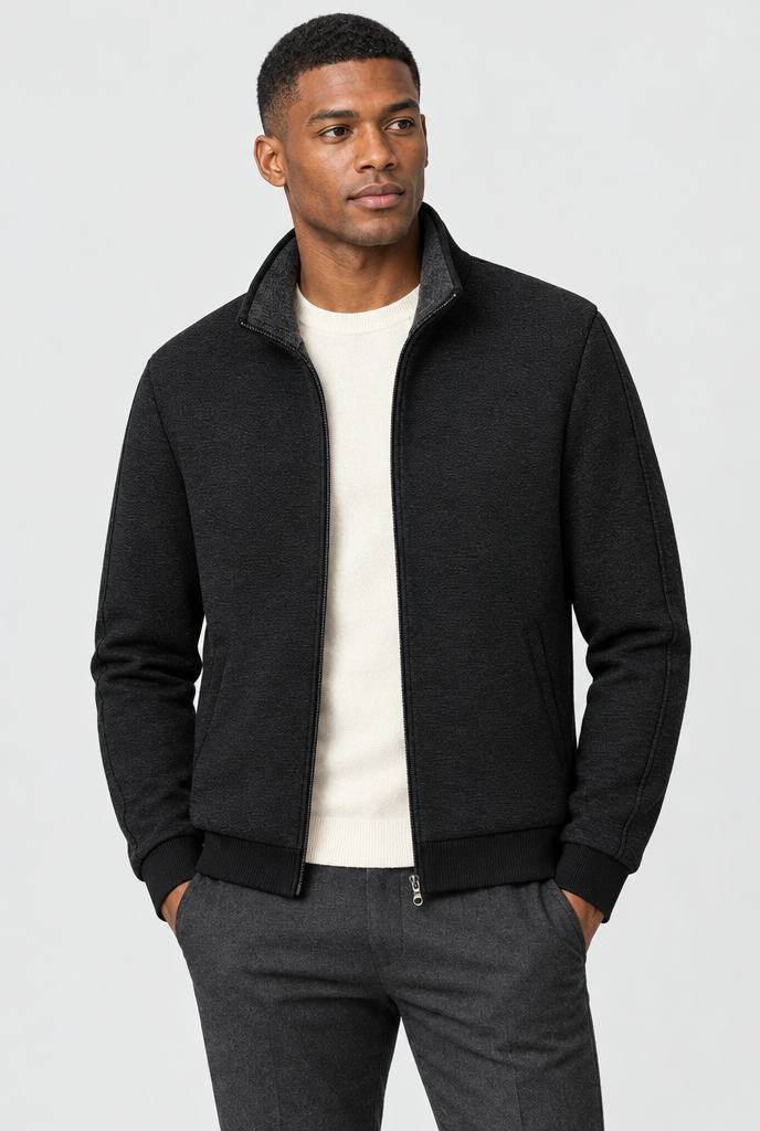 Black Fleece-Lined Stand-Collar Zip Jacket, studio hero