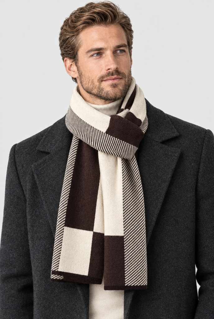 Écharpe en maille à carreaux color-block — Marron & crème — photo principale