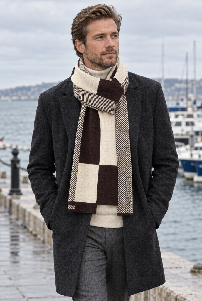 Écharpe en maille à carreaux color-block — Marron & crème — en situation