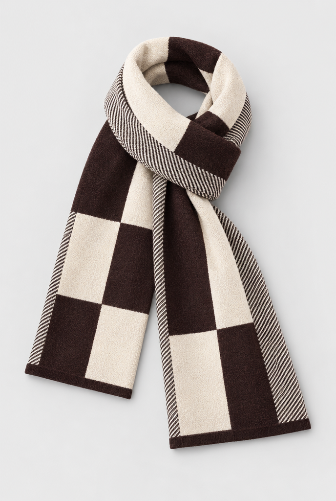 Écharpe en maille à carreaux color-block — Marron & crème — packshot