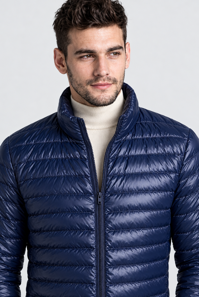 Navy lightweight puffer jacket, collar