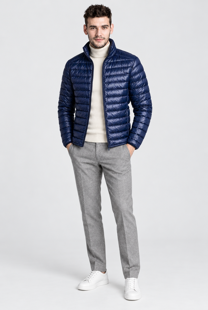 Navy lightweight puffer jacket, full body