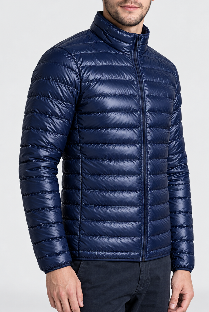 Navy lightweight puffer jacket, detail
