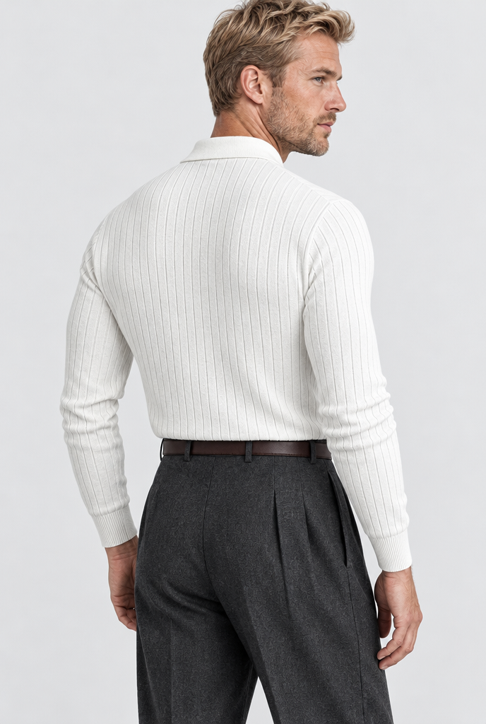 Pull polo manches longues en maille côtelée — Blanc — vue de dos