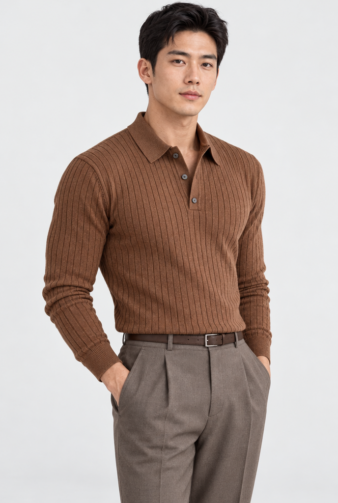 Pull polo manches longues en maille côtelée — Marron — studio
