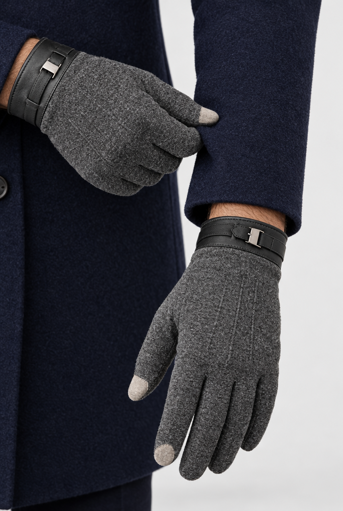 Heather Grey touchscreen gloves, worn hero