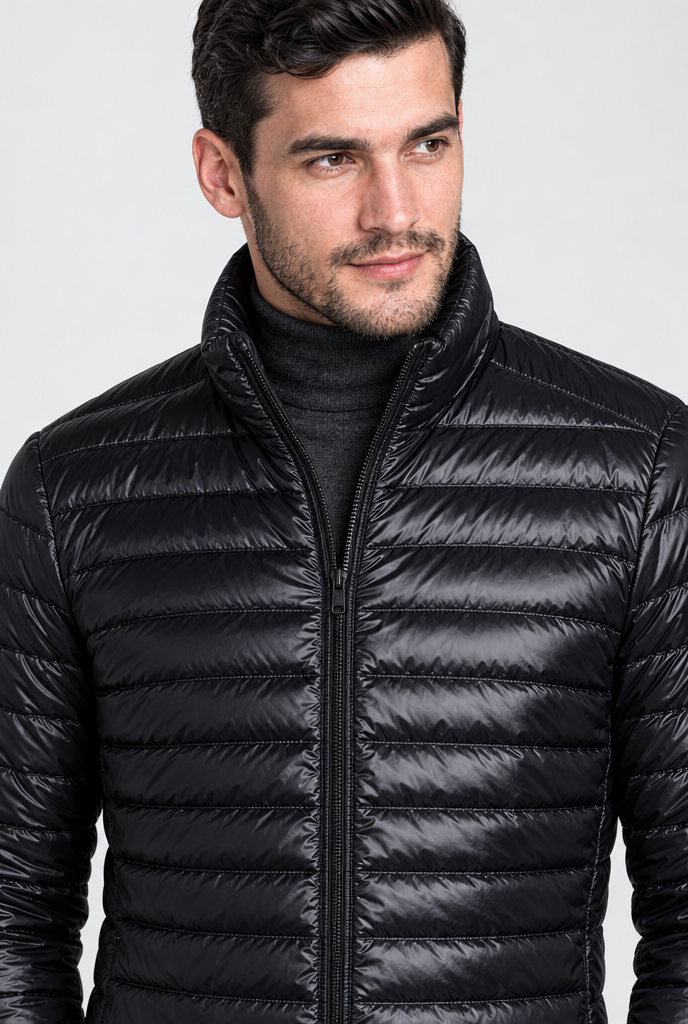 Black lightweight puffer jacket, collar