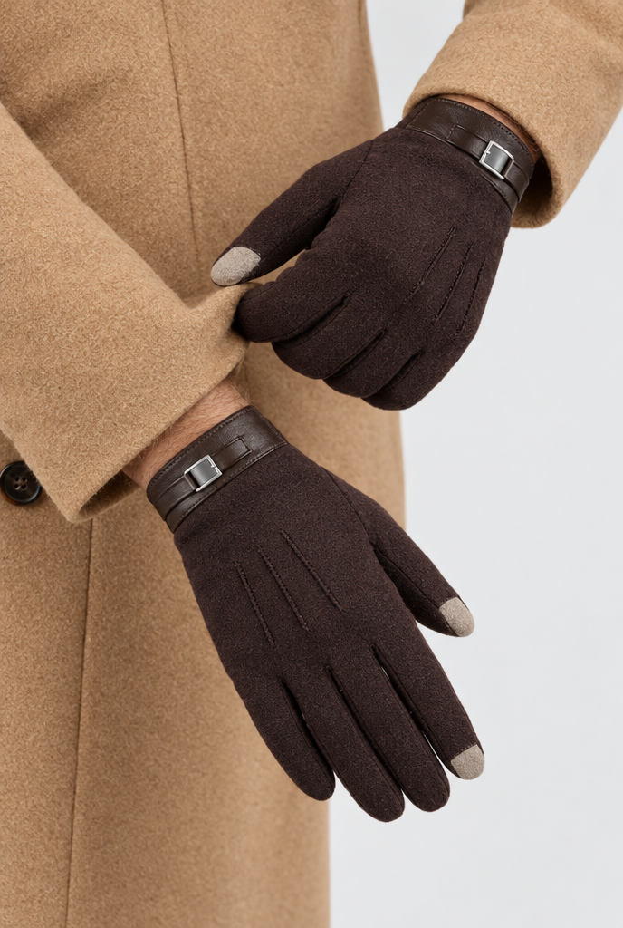 Chocolate Brown touchscreen gloves, worn hero