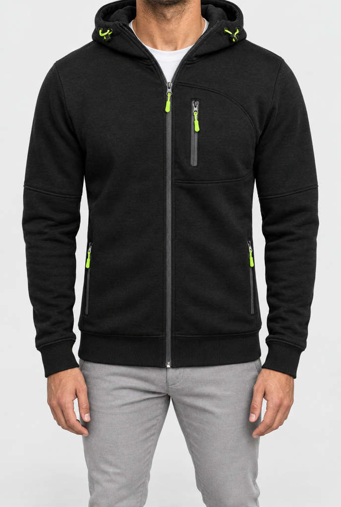 Sweat zippé à capuche, poches zippées contrastées — Noir — détail
