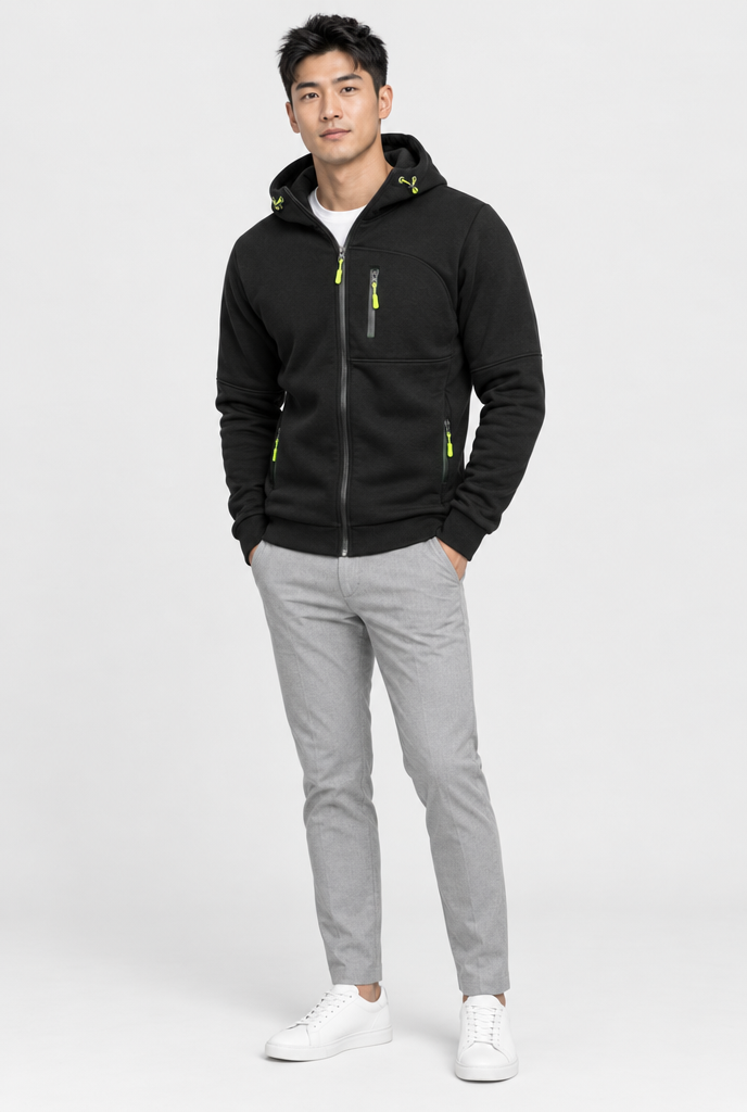Sweat zippé à capuche, poches zippées contrastées — Noir — silhouette complète