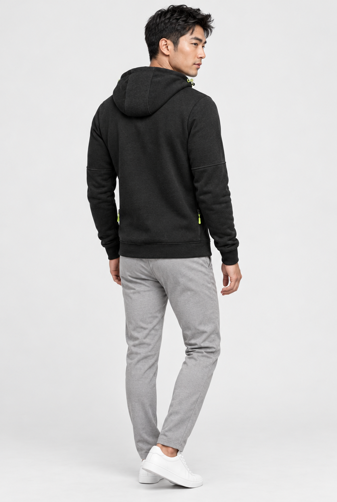 Sweat zippé à capuche, poches zippées contrastées — Noir — vue de dos