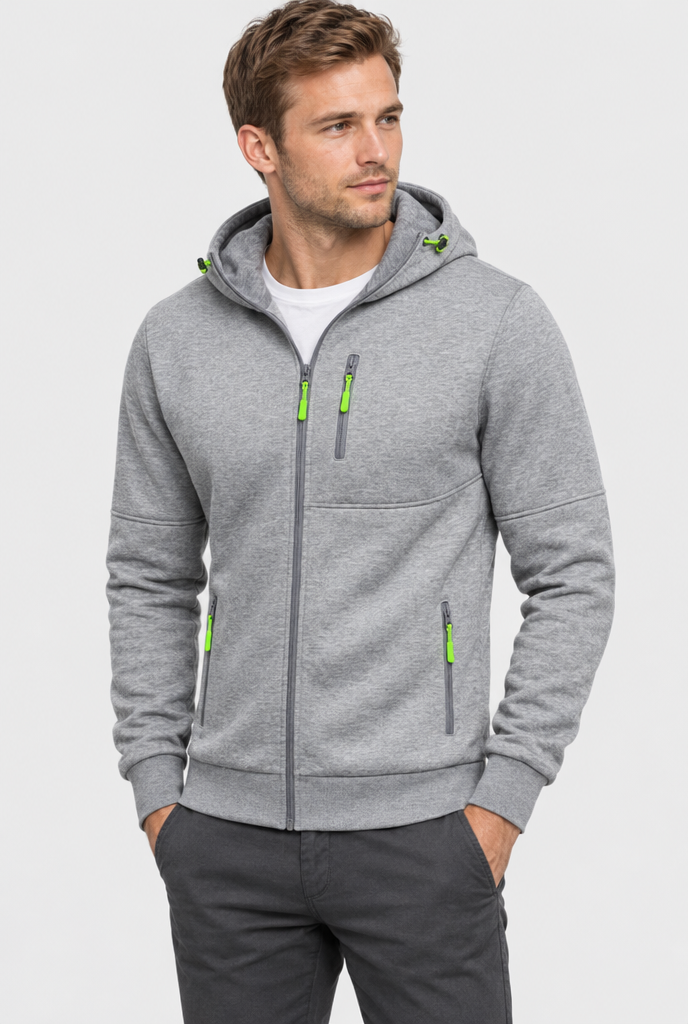 Sweat zippé à capuche, poches zippées contrastées — Gris perle — photo studio