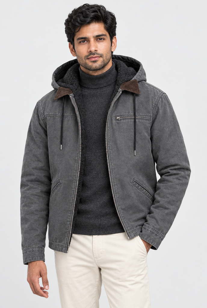 Slate Grey fleece-lined hooded utility jacket, studio hero