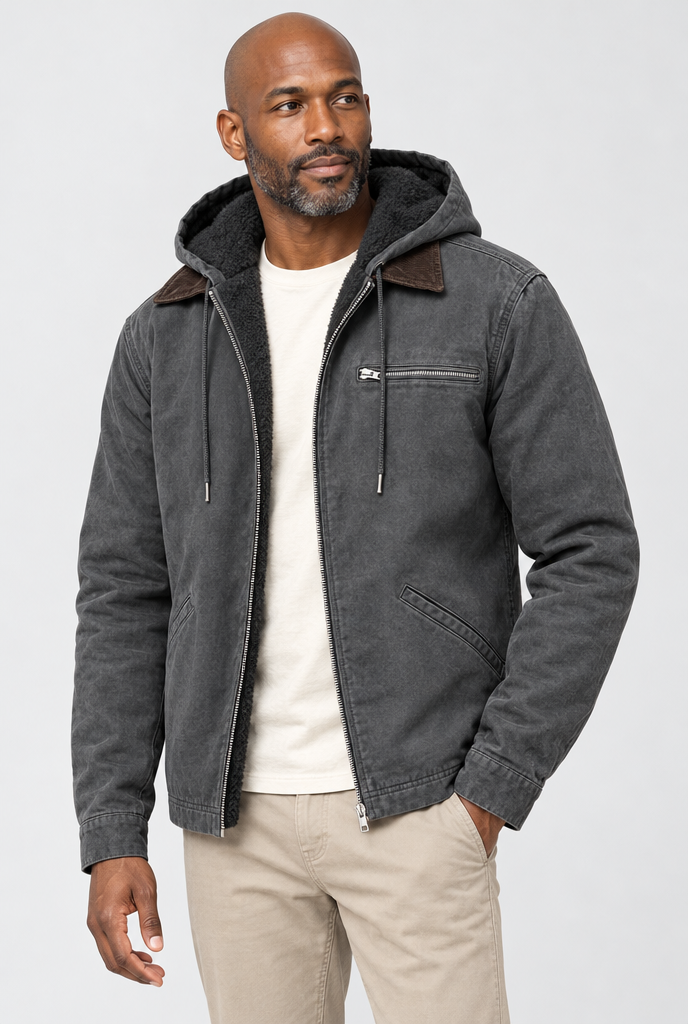 Charcoal fleece-lined hooded utility jacket, studio hero