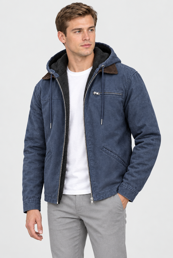 Navy fleece-lined hooded utility jacket, studio hero
