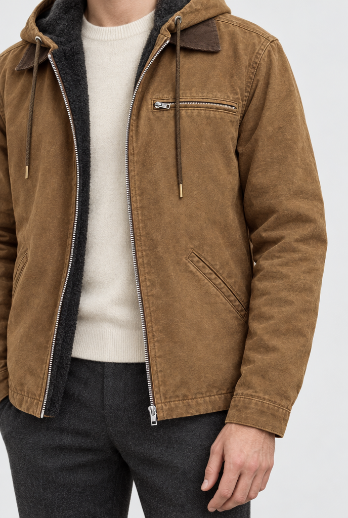 Camel fleece-lined hooded utility jacket, detail