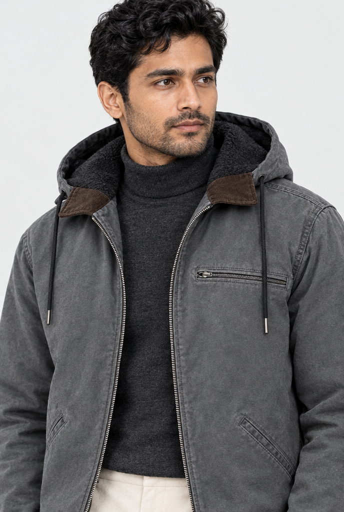 Slate Grey fleece-lined hooded utility jacket, collar close-up