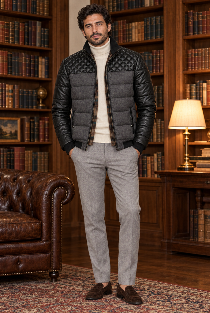 Charcoal Grey quilted panel puffer jacket, lifestyle