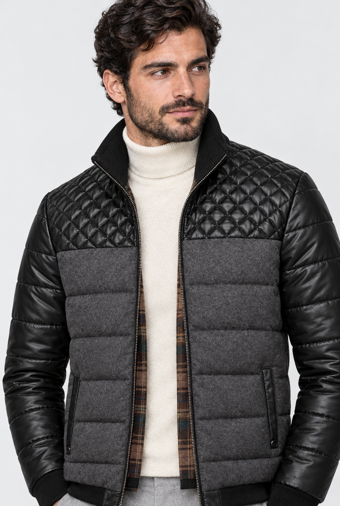 Charcoal Grey quilted panel puffer jacket, collar close-up