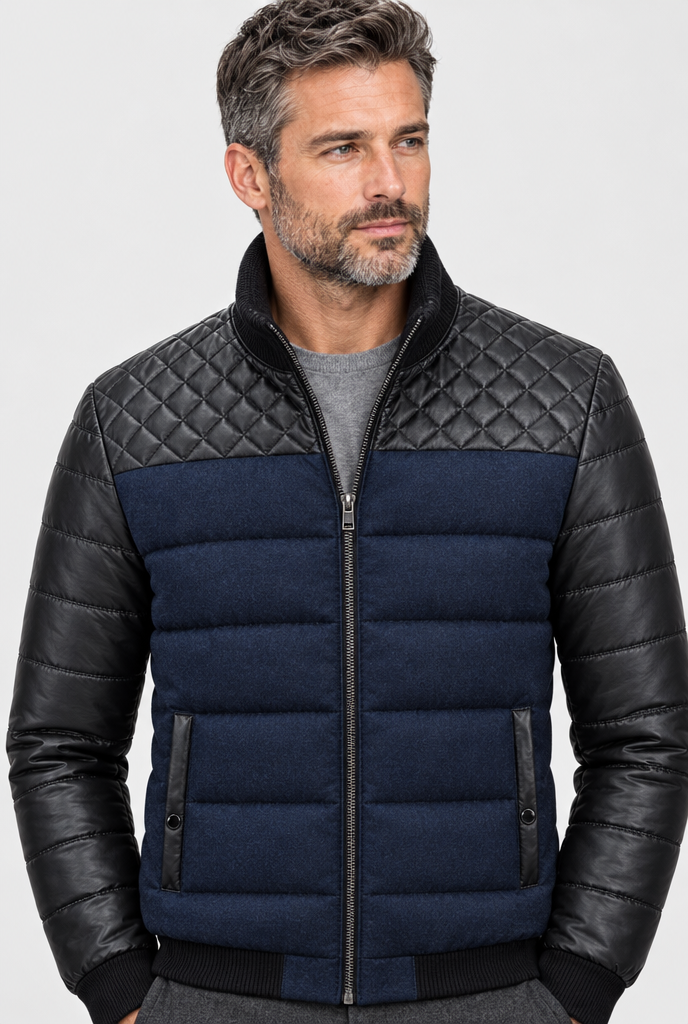 Navy quilted panel puffer jacket, collar close-up