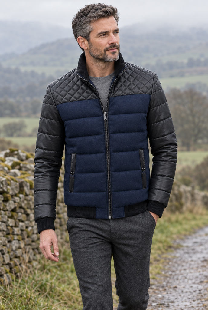 Navy quilted panel puffer jacket, lifestyle