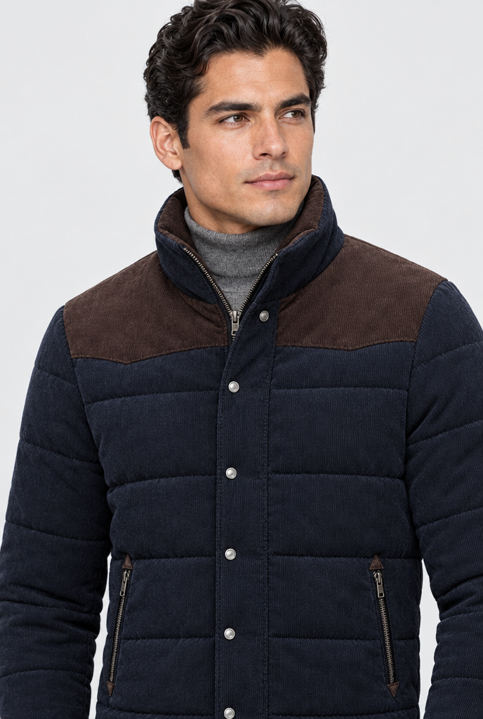 Navy two-tone padded jacket, collar close-up