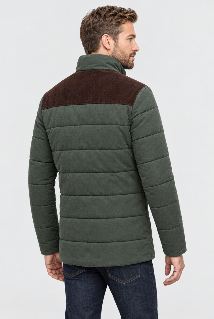 Olive two-tone padded jacket, back view