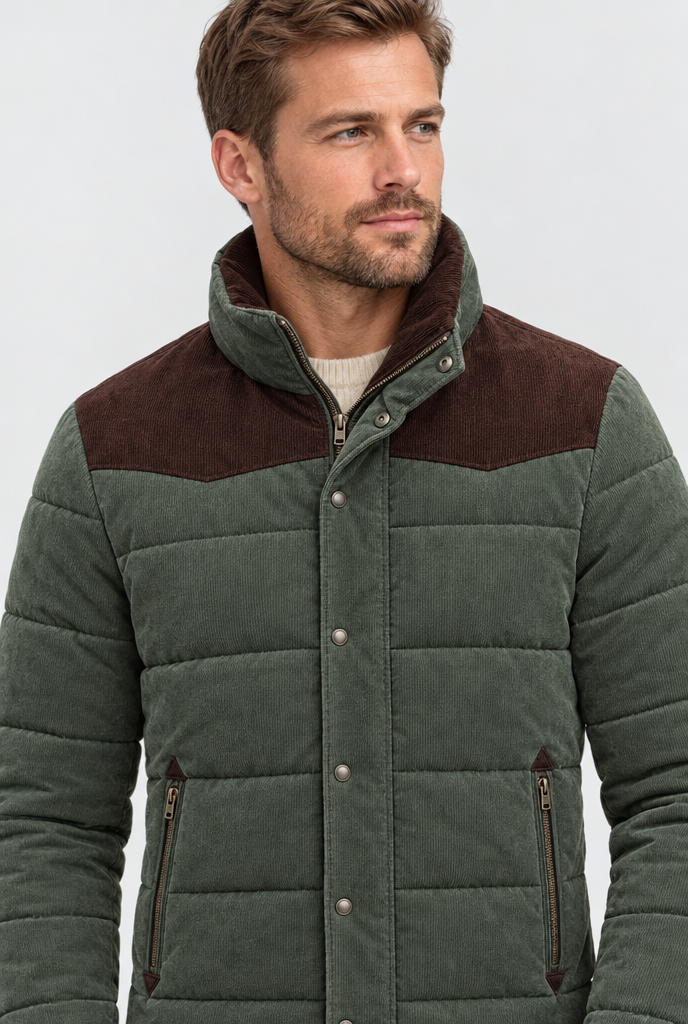 Olive two-tone padded jacket, collar close-up