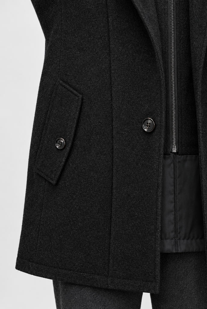 Manteau effet laine à plastron zippé en maille — Noir — détail