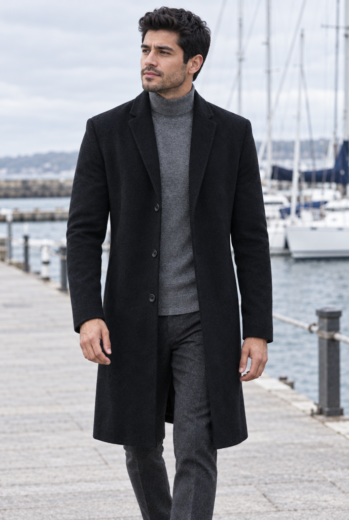 Black longline overcoat, lifestyle