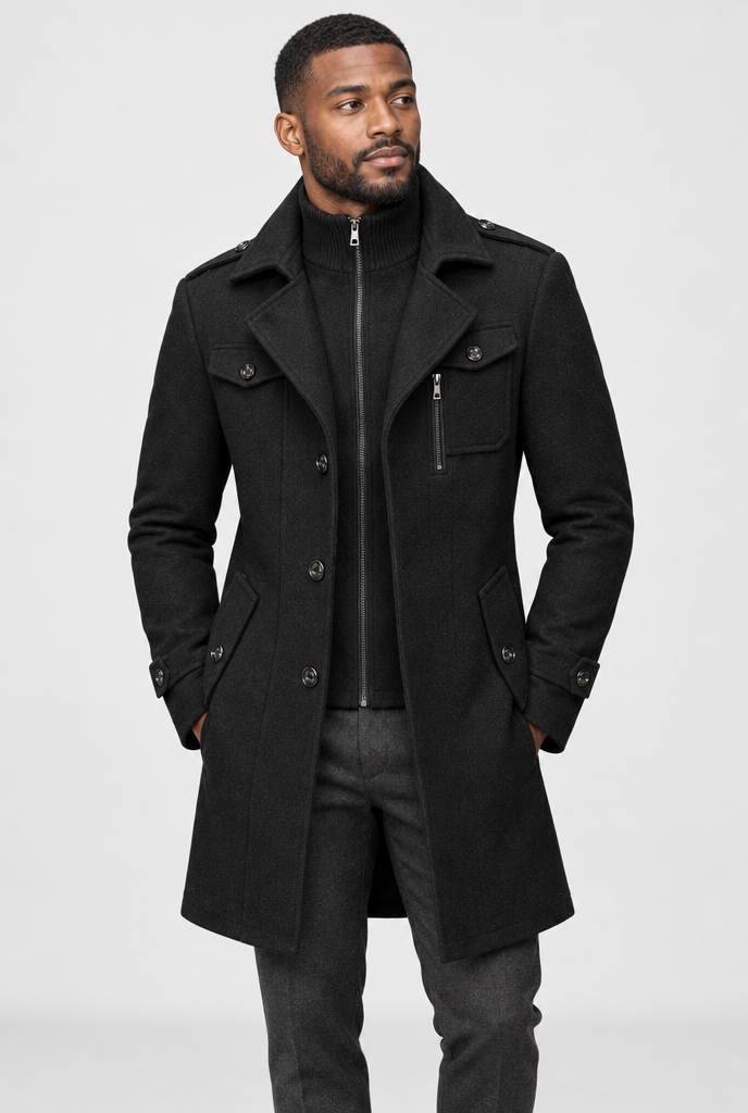 Manteau effet laine à plastron zippé en maille — Noir — photo studio