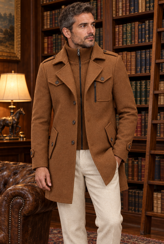 Manteau effet laine à plastron zippé en maille — Camel — en situation