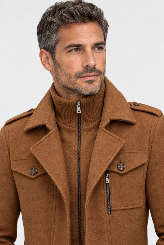 Manteau effet laine à plastron zippé en maille — Camel — détail du col