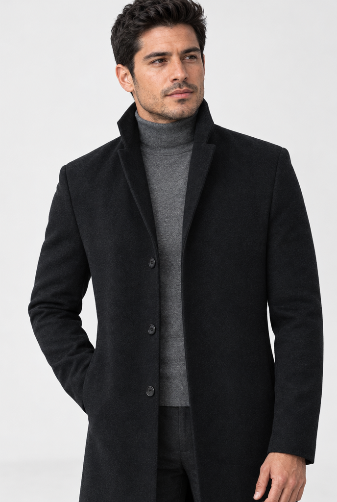 Black longline overcoat, collar