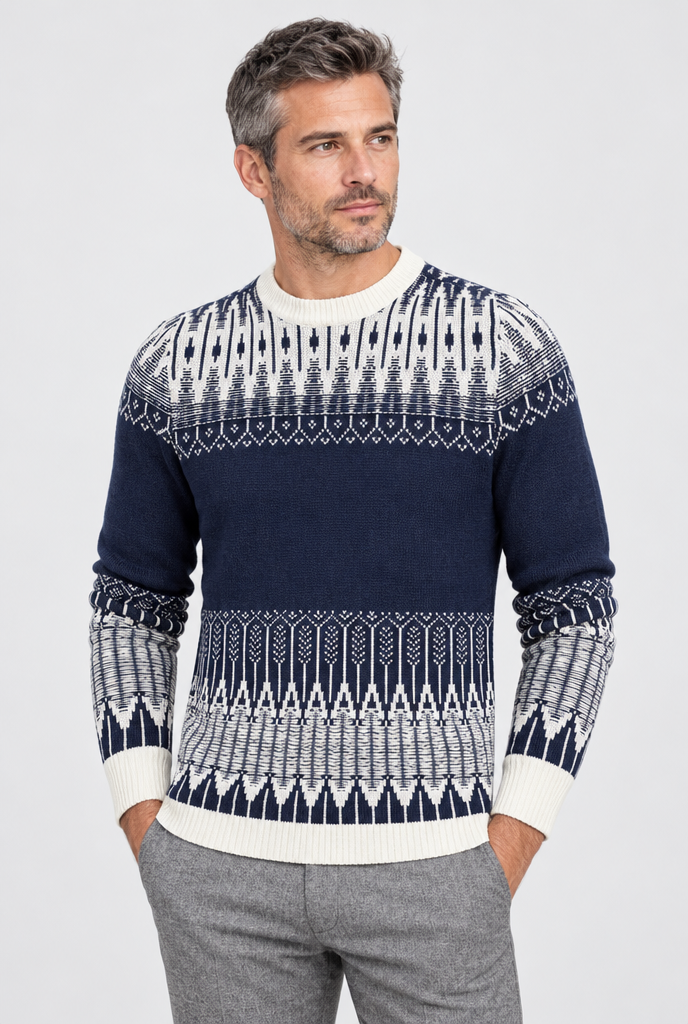 Pull col rond en maille jacquard Fair Isle — Marine & crème — studio