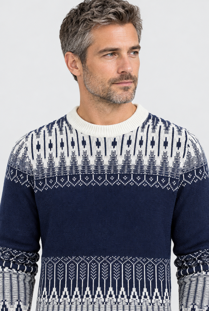 Pull col rond en maille jacquard Fair Isle — Marine & crème