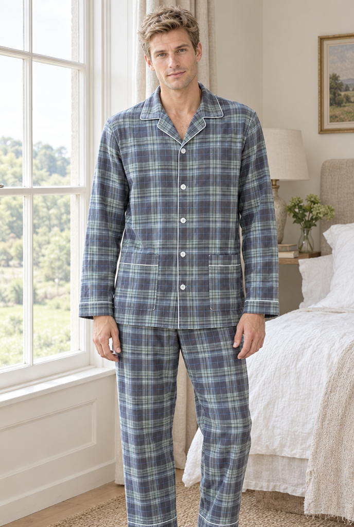 Pyjama en flanelle brossée à carreaux — Carreaux sauge — en situation