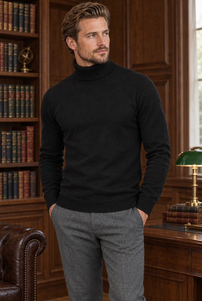 Pull col roulé en maille doublé polaire — Noir — en situation