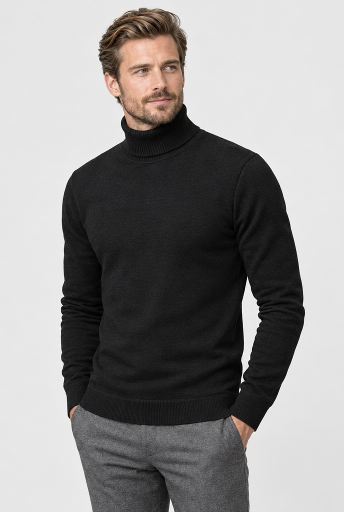Pull col roulé en maille doublé polaire — Noir — photo principale