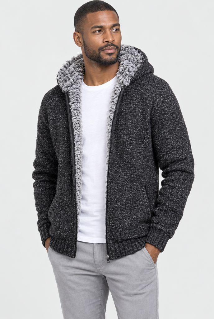 Veste zippée à capuche en maille doublée fausse fourrure — Noir — photo studio