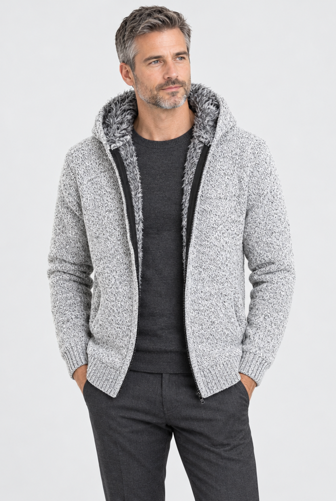 Veste zippée à capuche en maille doublée fausse fourrure — Gris perle — photo studio