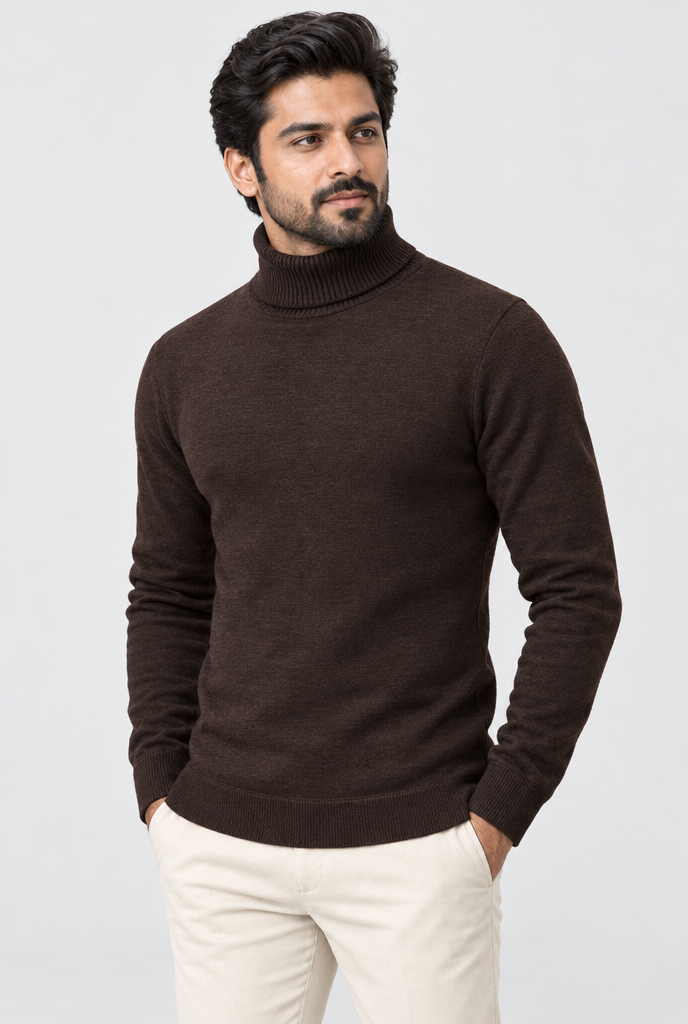 Pull col roulé en maille doublé polaire — Chocolat — photo principale