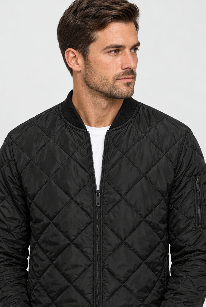 Black diamond-quilted bomber jacket, collar close-up