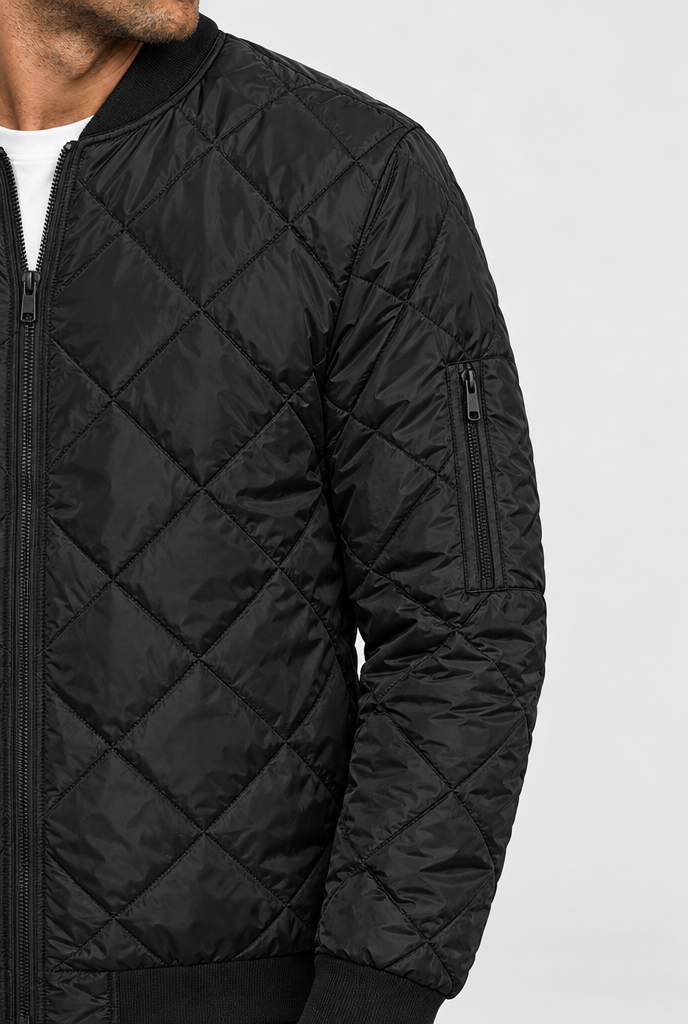 Black diamond-quilted bomber jacket, sleeve pocket detail