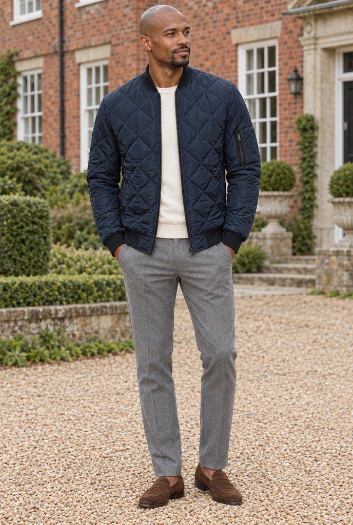 Navy diamond-quilted bomber jacket, lifestyle