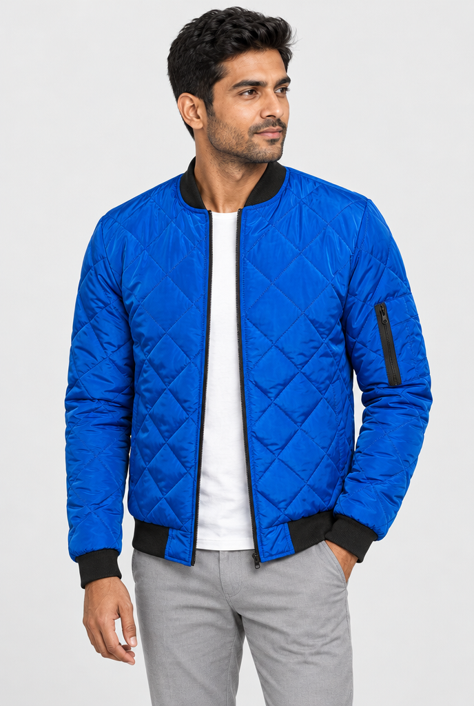 Royal Blue diamond-quilted bomber jacket, studio hero