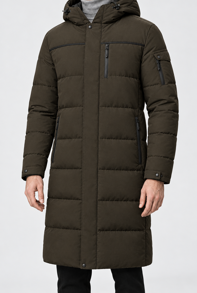 Parka longue matelassée à capuche — Brun olive — détail