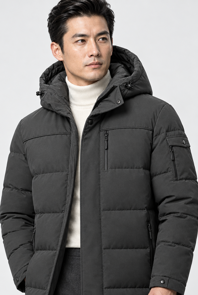 Parka longue matelassée à capuche — Anthracite — détail du col