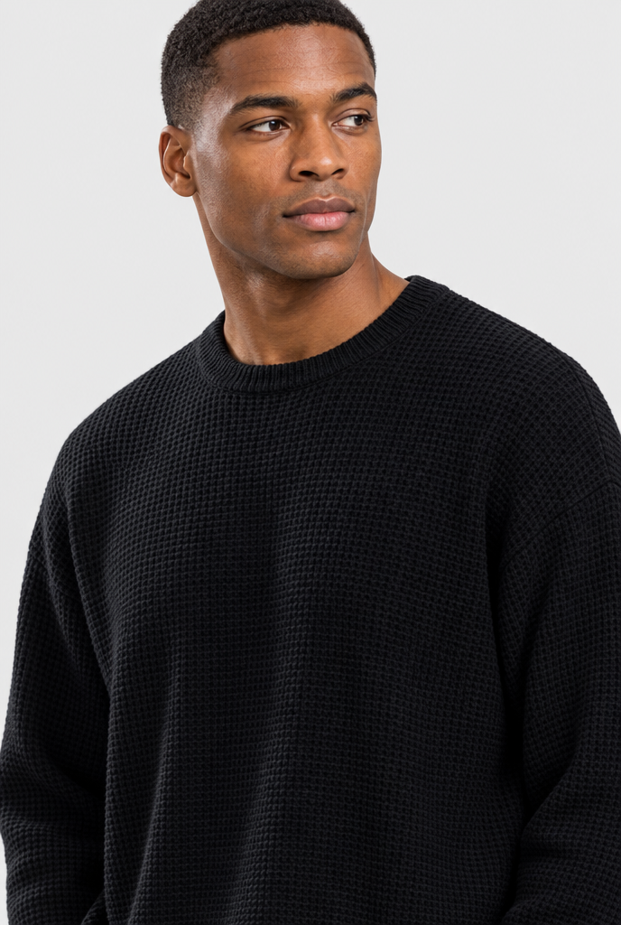 Pull col rond ample en maille gaufrée — Noir