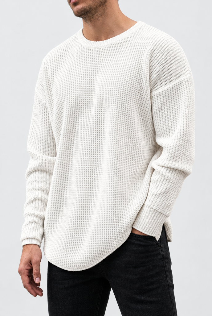 Pull col rond ample en maille gaufrée — Écru — détail